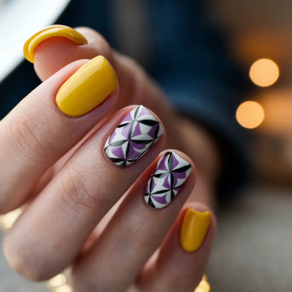 yellow summer nails ideas Geometric Yellow with a Purple Twist
