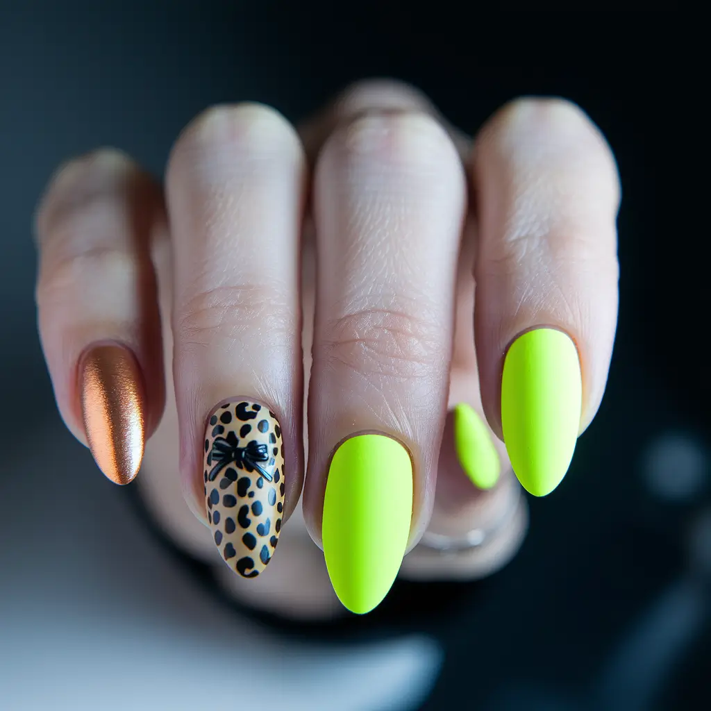 yellow summer nails ideas 2025 Vivid Neon and Leopard Contrast for Bold Vibes