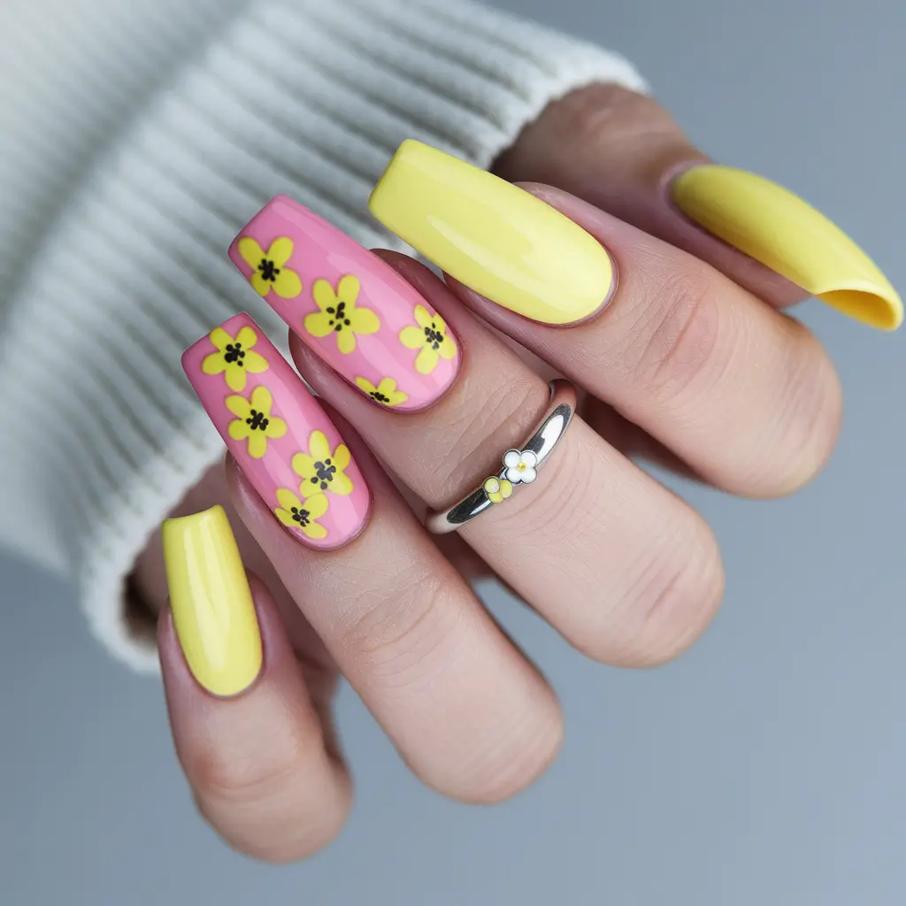 yellow summer nails ideas 2025 Retro Florals Meet Popcorn Yellow