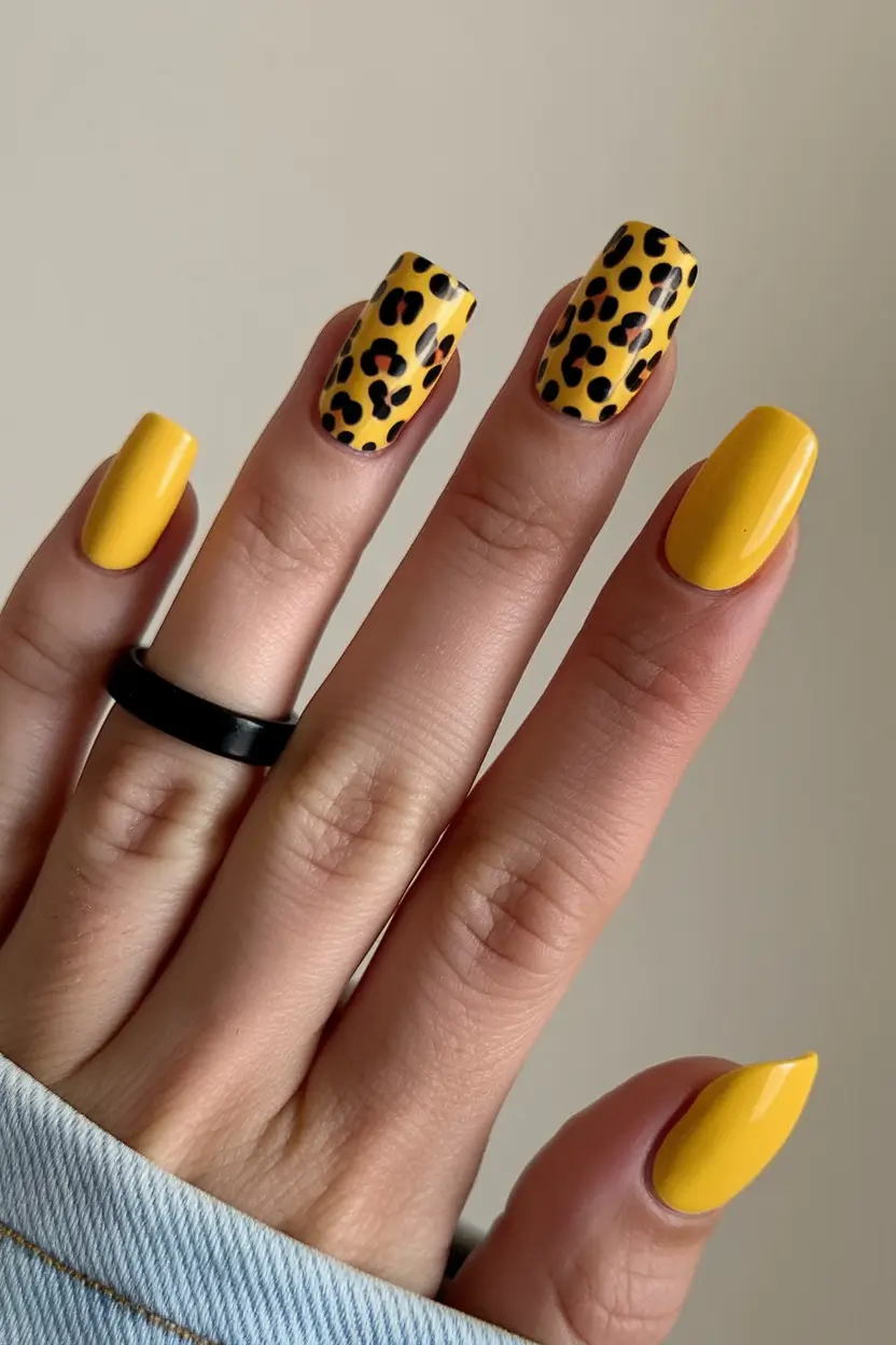 yellow summer nails ideas 2025 Wild Side in Yellow and Leopard