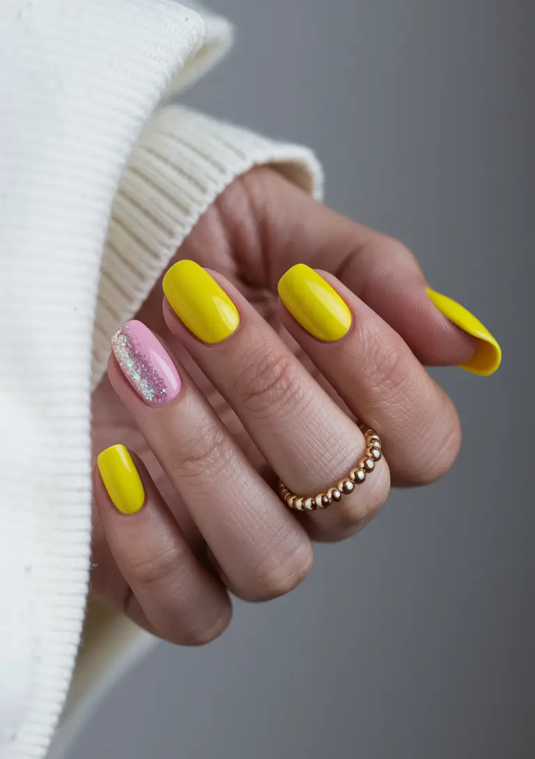 yellow summer nails ideas 2025 Candy Lemon & Glitter Pop