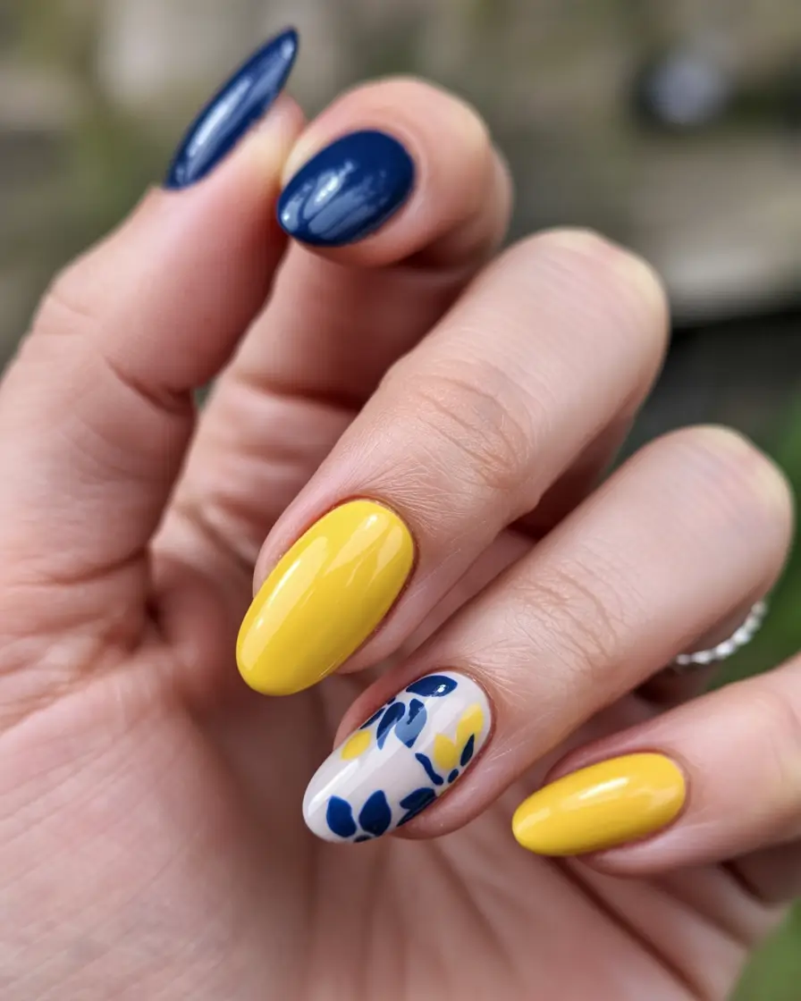 yellow summer nails ideas Lemon Meets Indigo Blooms