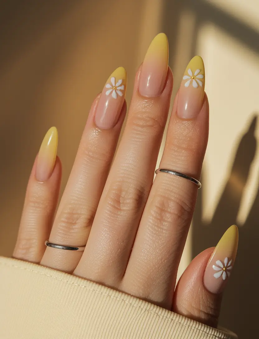 yellow summer nails ideas Soft Yellow Fade with Daisy Accents