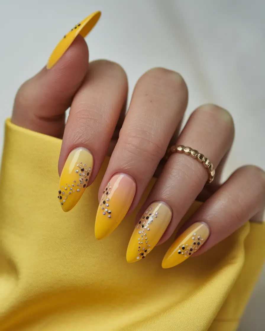 yellow summer nails ideas Sunshine Ombre with Crystal Trails