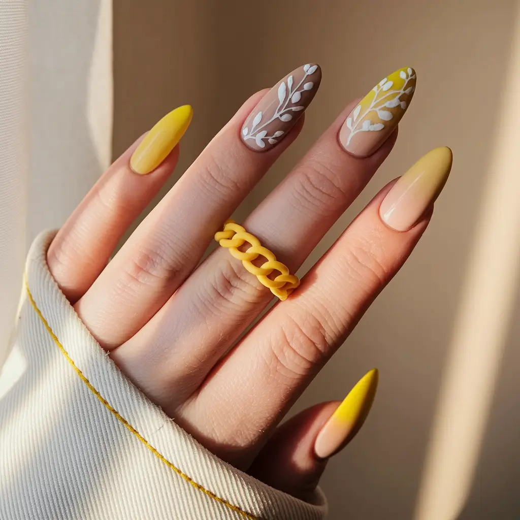 yellow summer nails ideas Matte Mustard with Botanical Art