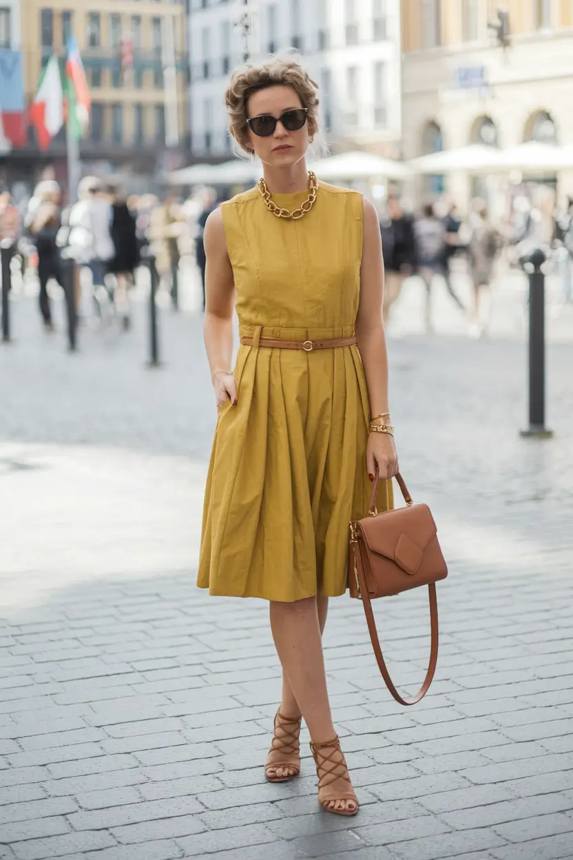 wardrobe for london in july Mustard Sundress with City Sophistication