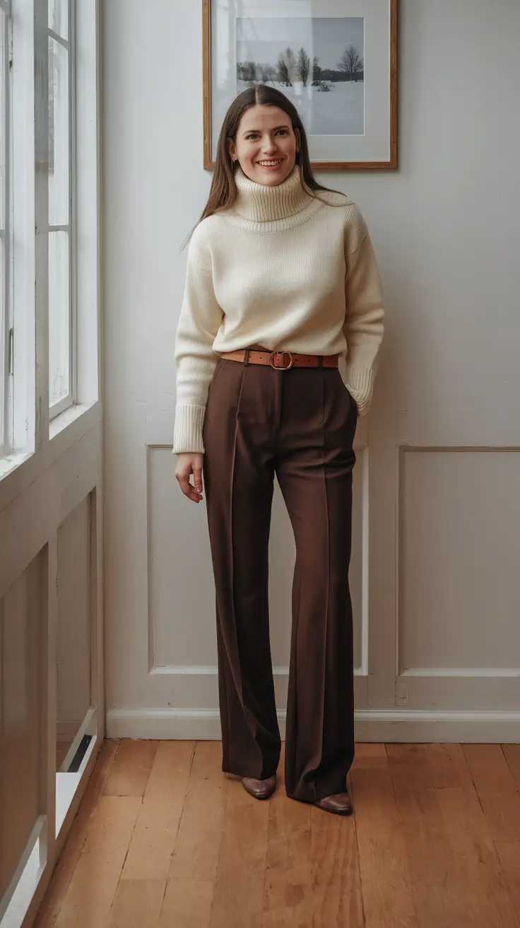 early-fall-outfits-Classic-Cream-Turtleneck-Tailored-Brown-Trousers