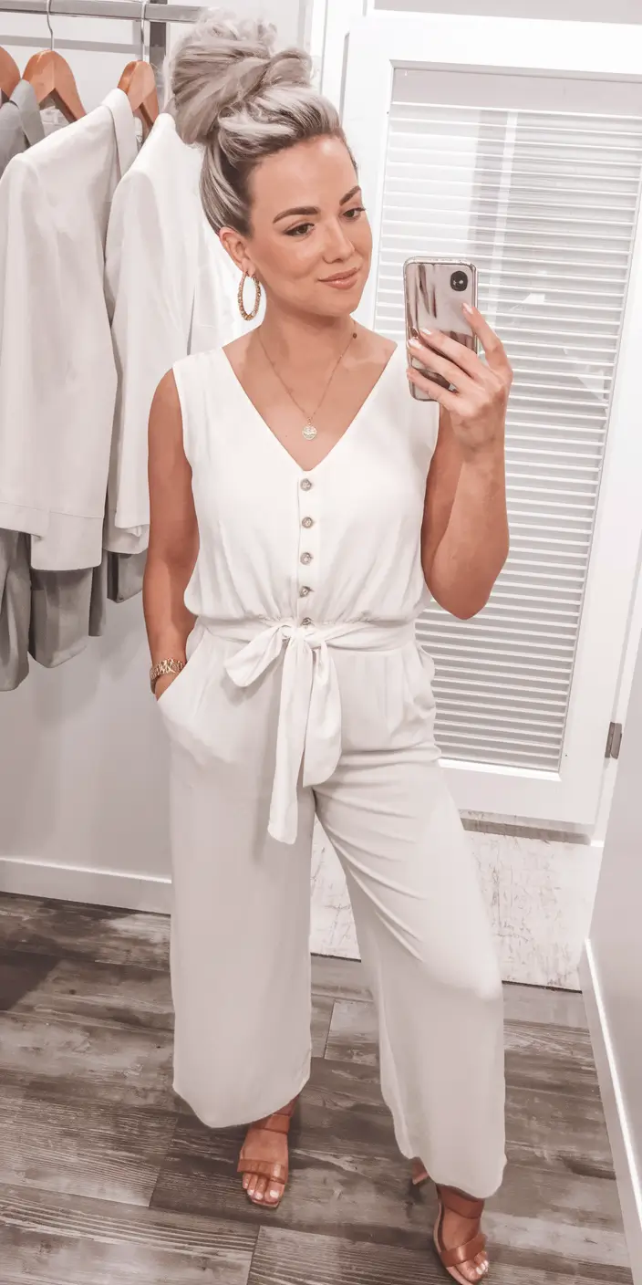 labor day outfits women Chic All-White Jumpsuit with a Feminine Twist
