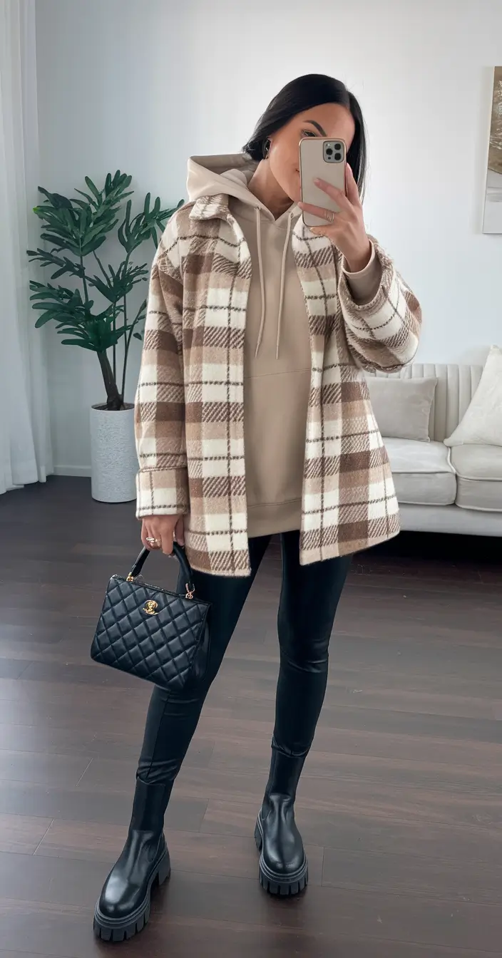 early-fall-outfits-Chic-Plaid-Shacket-Leather-Leggings-Combo