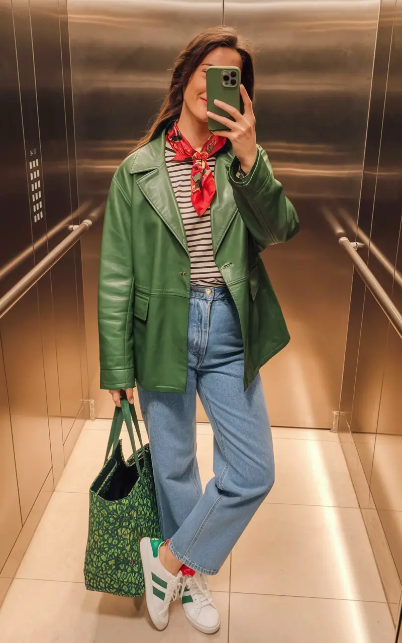early-fall-outfits-Elevator-Chic-Green-Leather-Jacket-Bold-Accessories