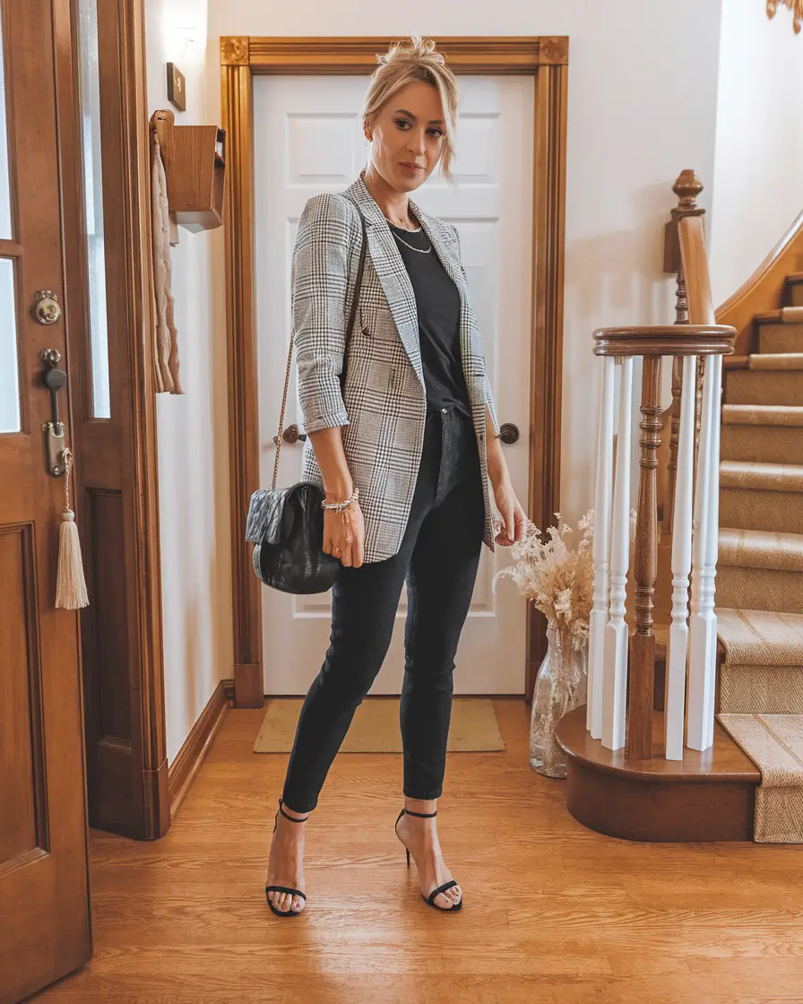 labor day outfits women Checkered Blazer & Black Skinnies for Effortless Cool