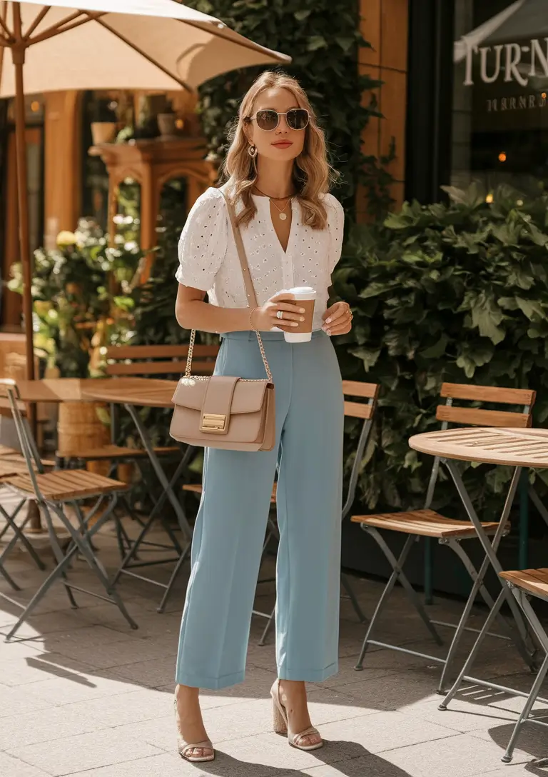 end of summer outfits Classic Meets Cool in Powder Blue Trousers