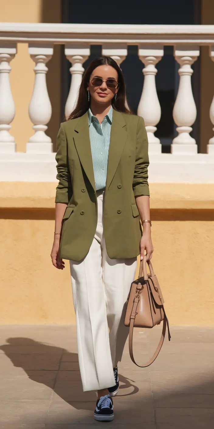 early-fall-outfits-Sophisticated-Edge-Olive-Blazer-White-Trousers