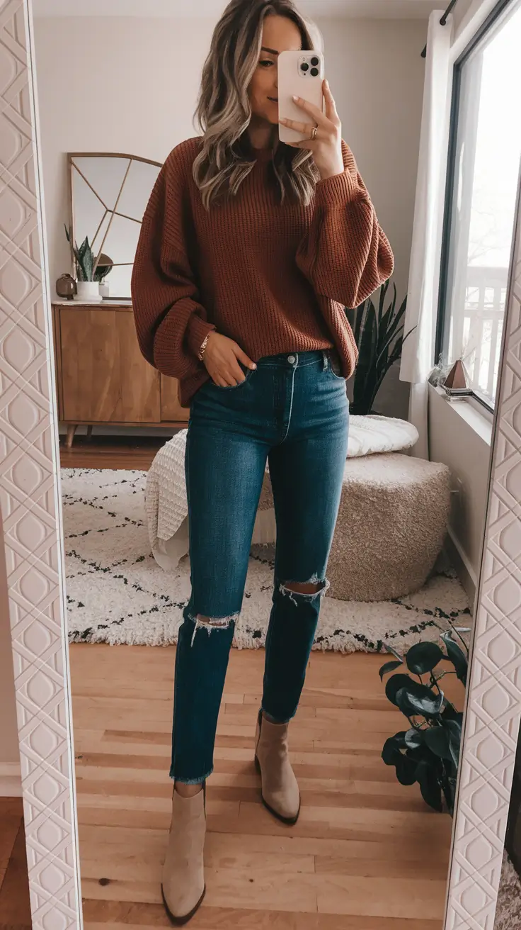 early-fall-outfits-Cozy-Rust-Sweater-Distressed-Skinny-Jeans