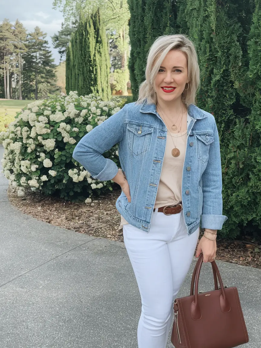 labor day outfits women denim jacket and white jeans for a laid-back vibe