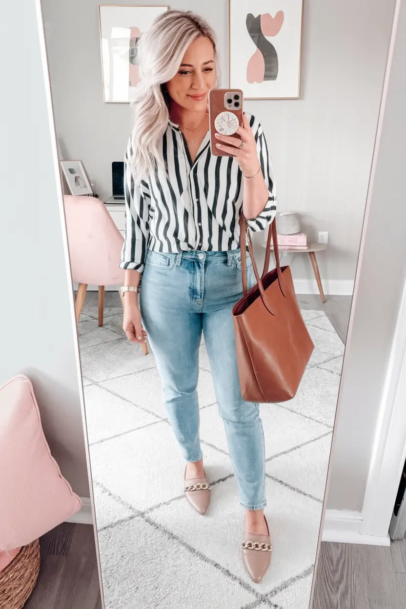 labor day outfits women striped shirt and blue jeans effortless elegance