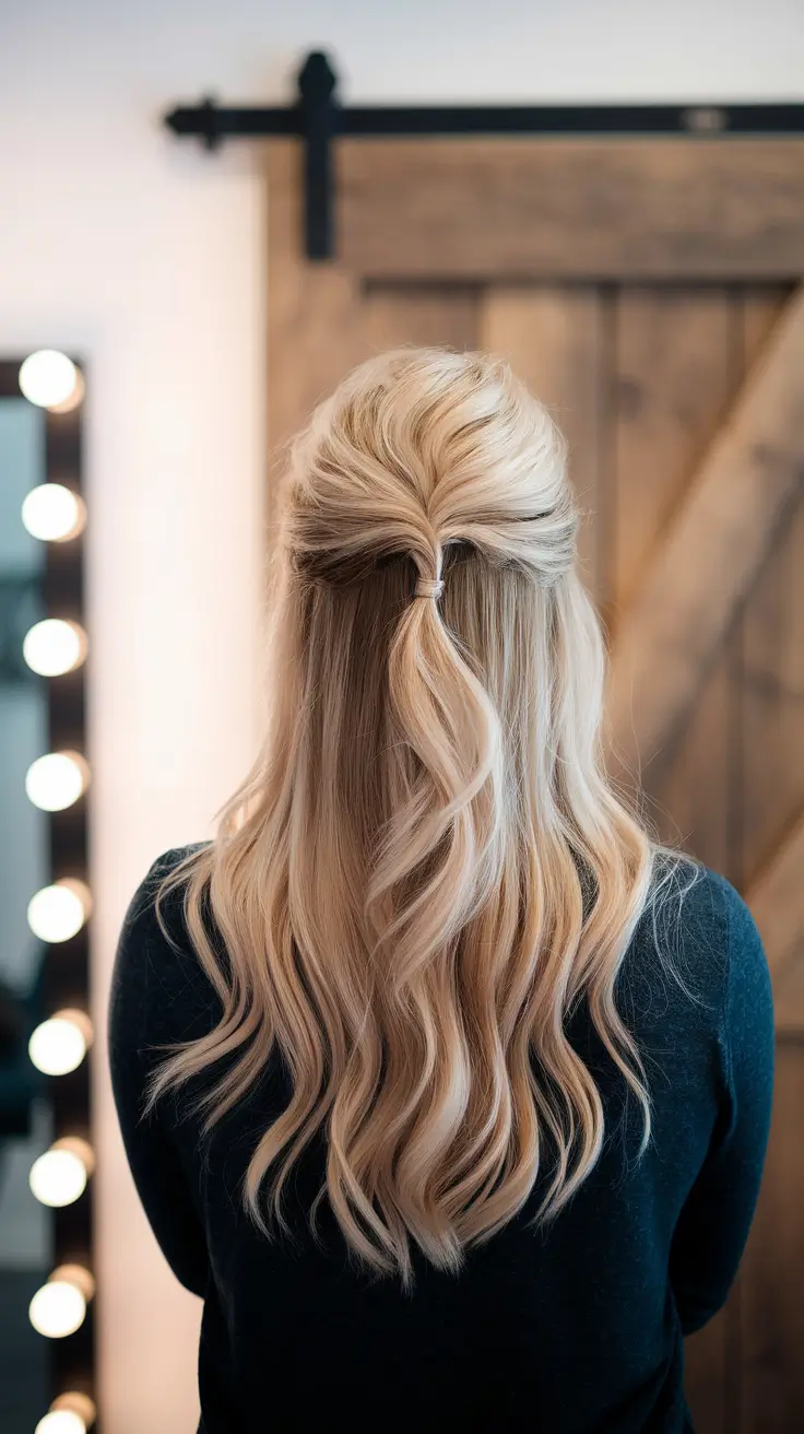 august wedding hair color Romantic Warm Blonde Half-Up Waves