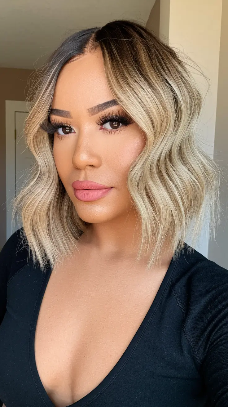 hair color for august Classic Wavy Blonde Bob with Dark Root