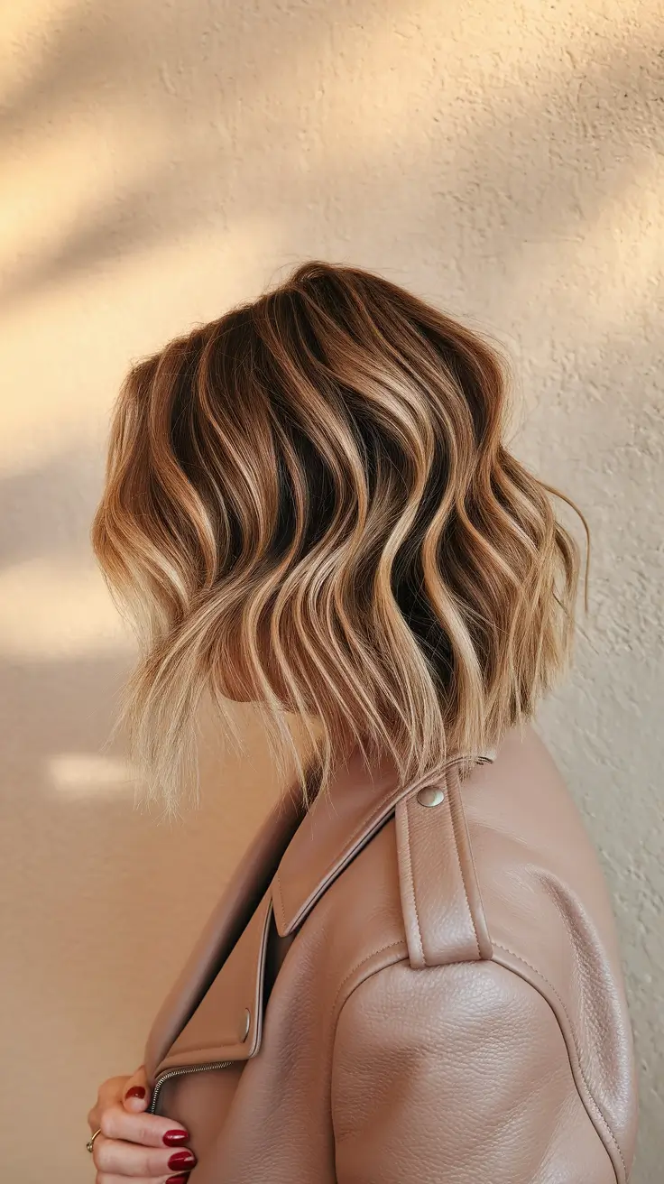 august hair color ideas brunette Warm Brunette Bob with Honey Ribbon Highlights