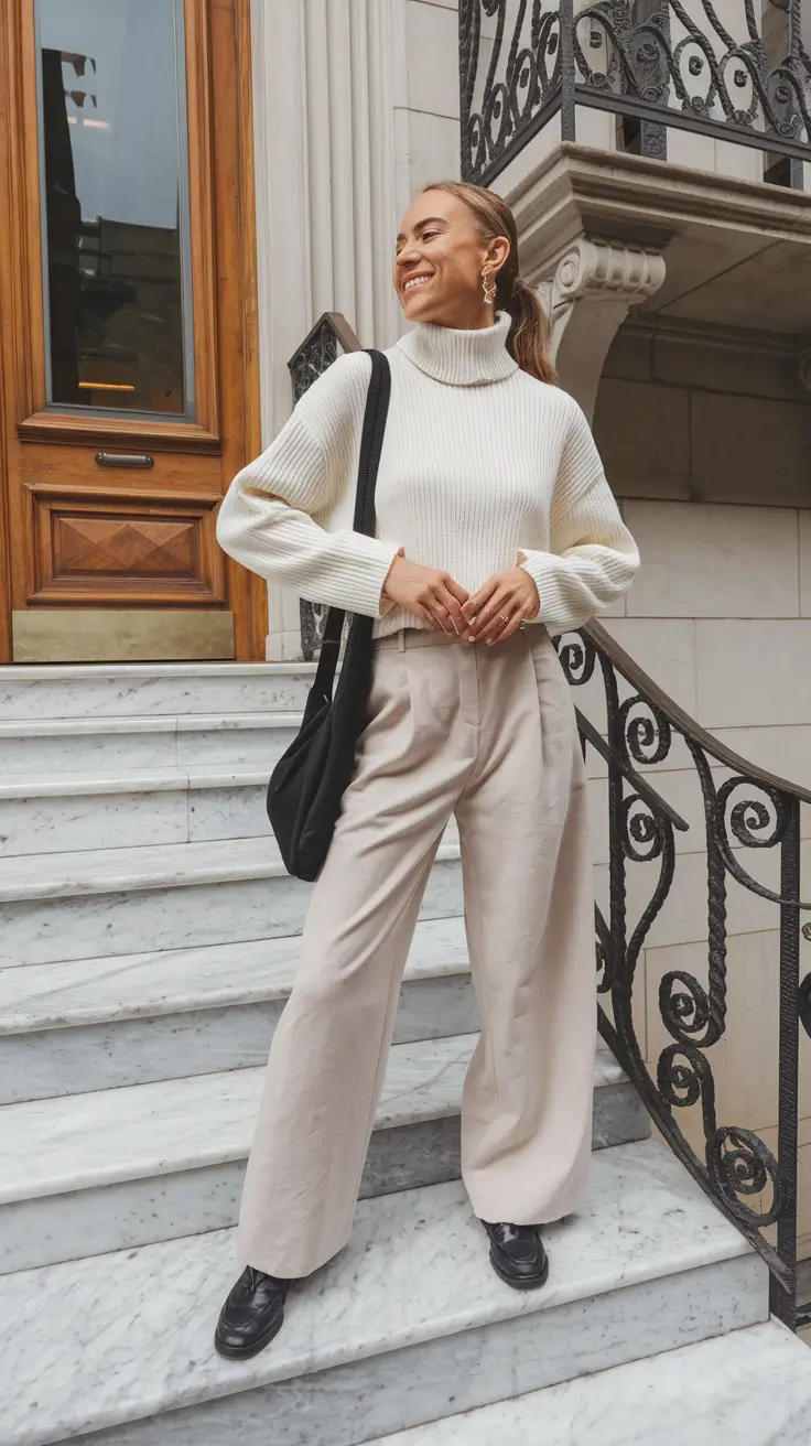 simple casual fall outfits Textured Neutrals with a Soft Blue Pinstripe