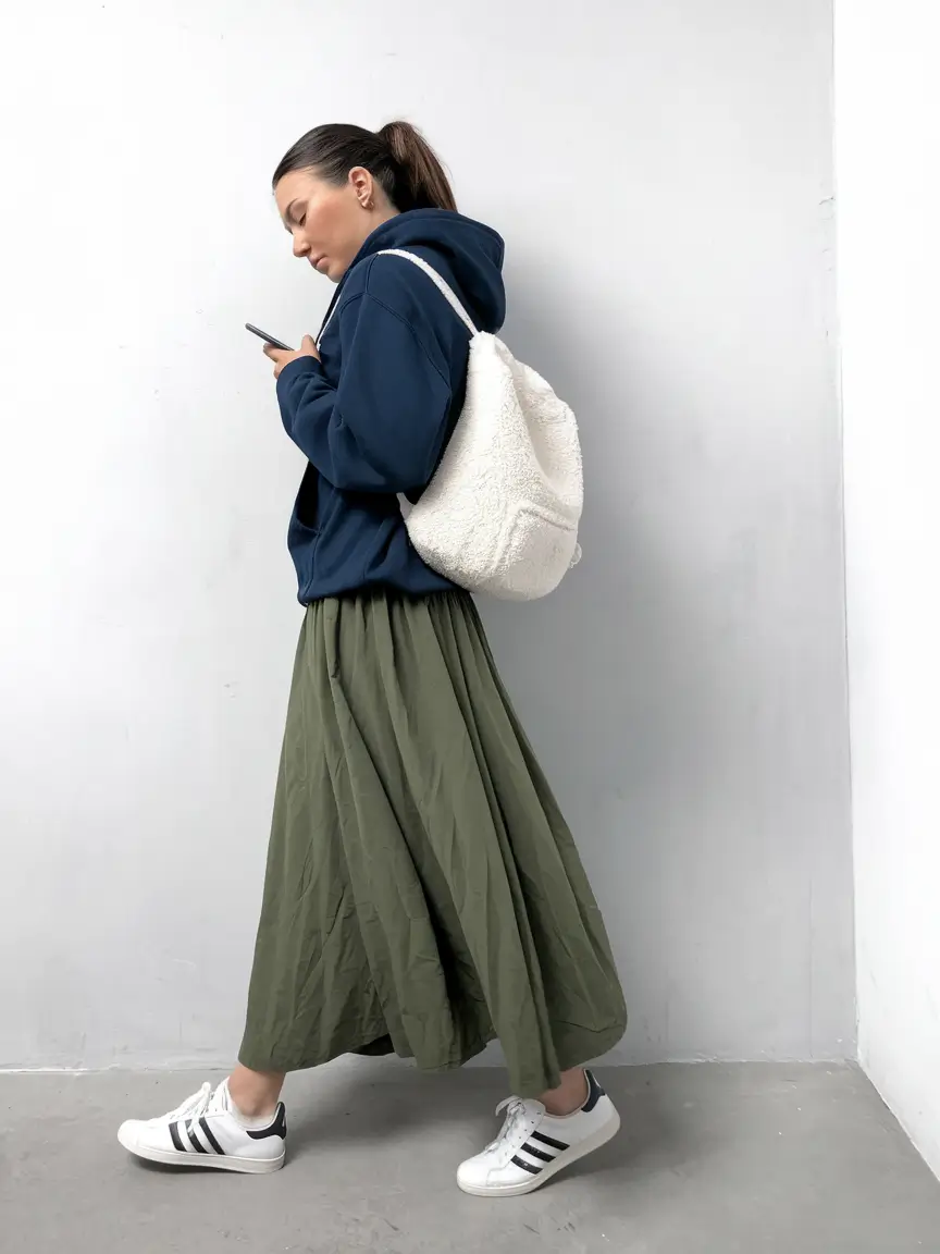 simple casual fall outfits for women Street-Ready Hoodie Meets Flowing Skirt