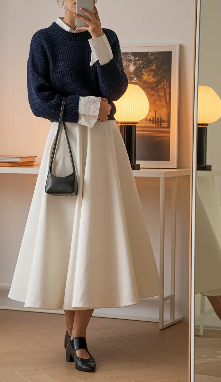 fall old money outfits skirt Crisp Collars & Full Skirts