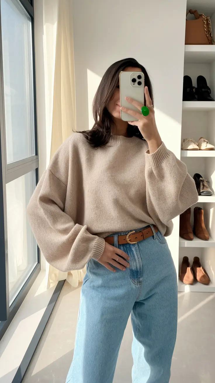 fall transition outfits Oversized Knit Meets Classic Denim