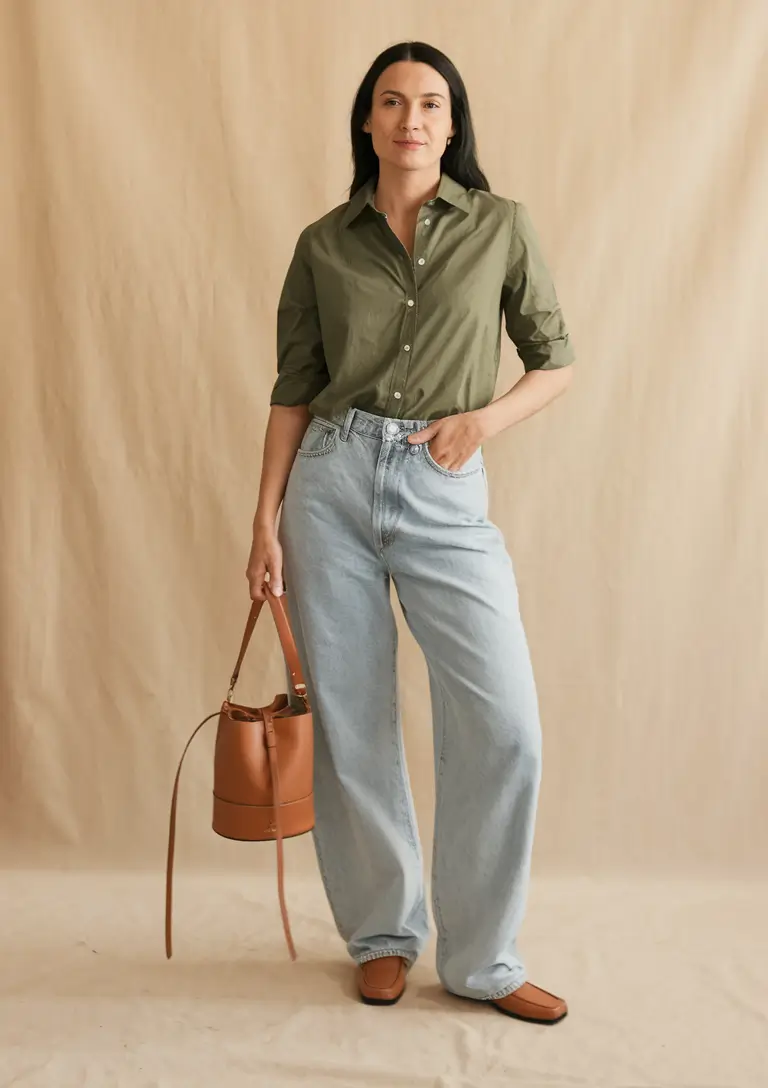 fall transition outfits Structured Shirt with Slouchy Denim Ease