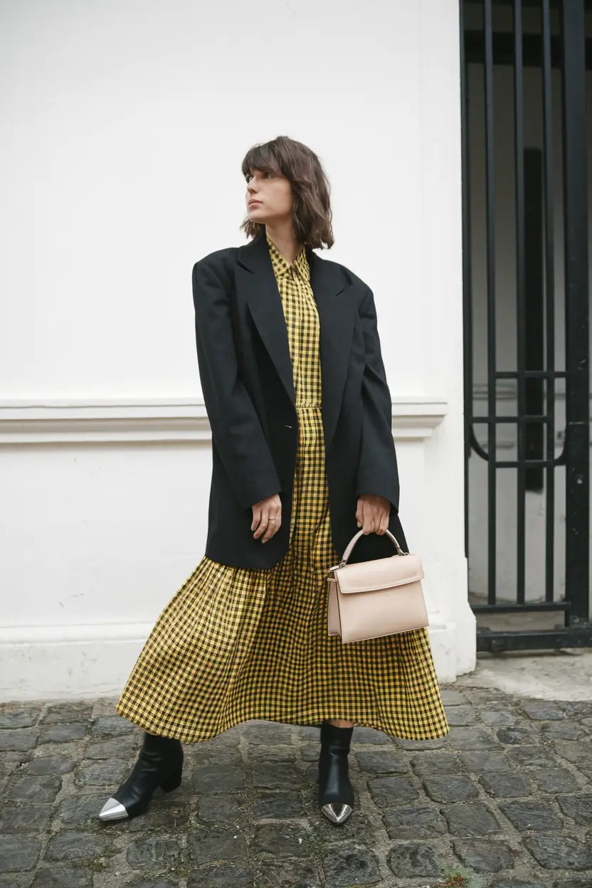 fall transition outfits Checkered Confidence with Structured Layers