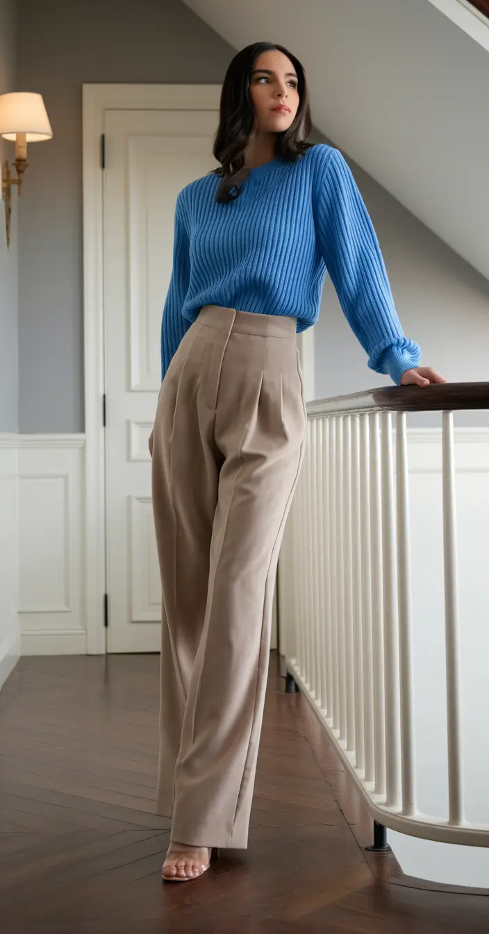 fall transition outfits Blue Knit with Taupe Elegance
