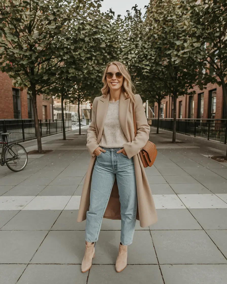 early-fall-outfits-work Camel-Coat-Sophistication