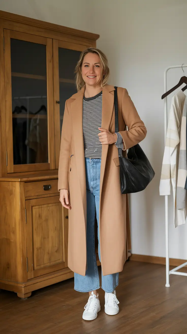 early-fall-outfits-Striped-Tee-Camel-Coat-Combo