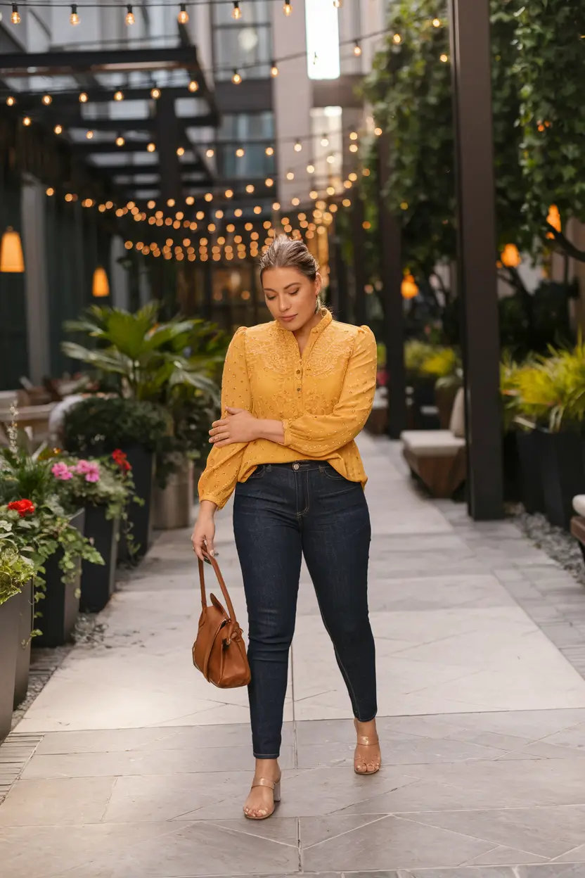 labor day outfits women Golden Glow with Denim Skinnies