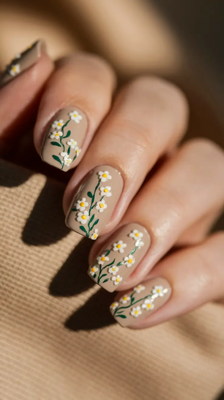 august nails designs simple Beig Blossoms with 3D Daisies