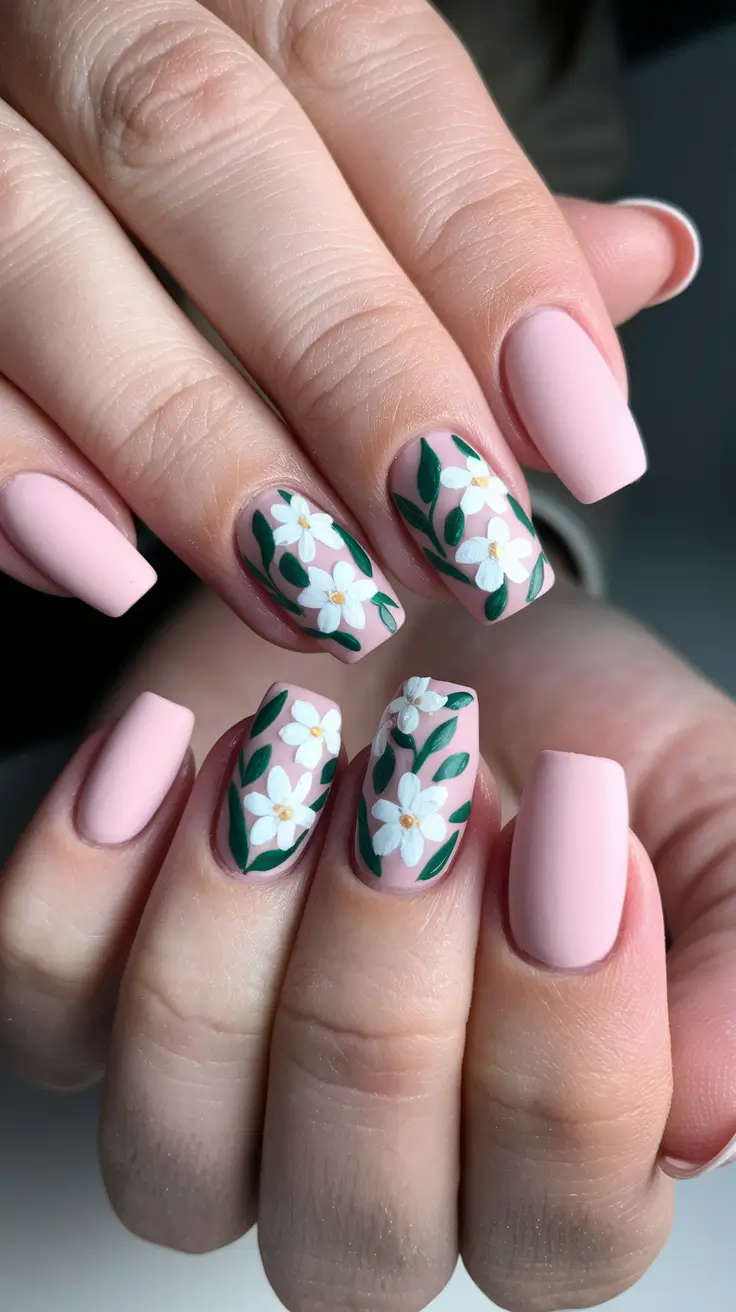 august nails designs simple Blush Pink with Dainty White Flowers