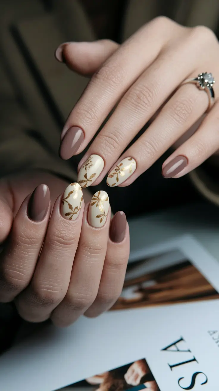 august nails designs almond Golden Botanicals on Cocoa and Cream
