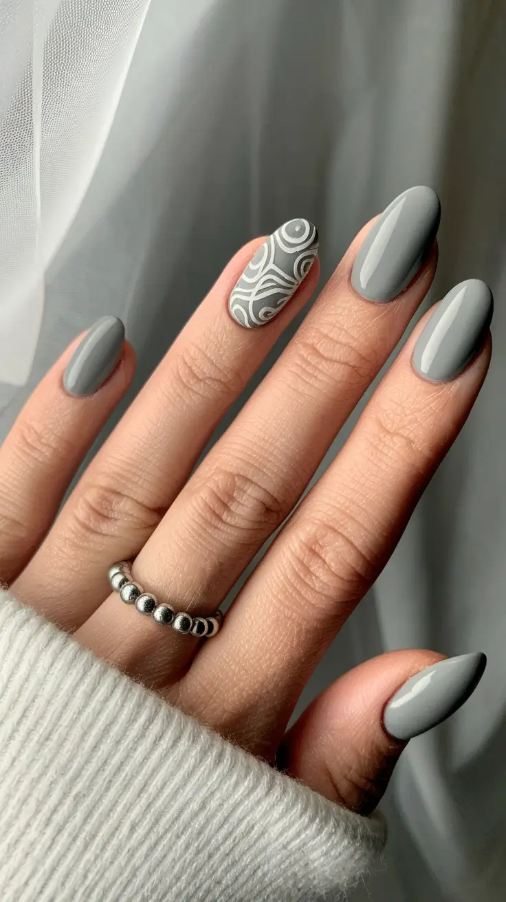 august nails designs ideas Monochrome Grey with a Spiraled Accent