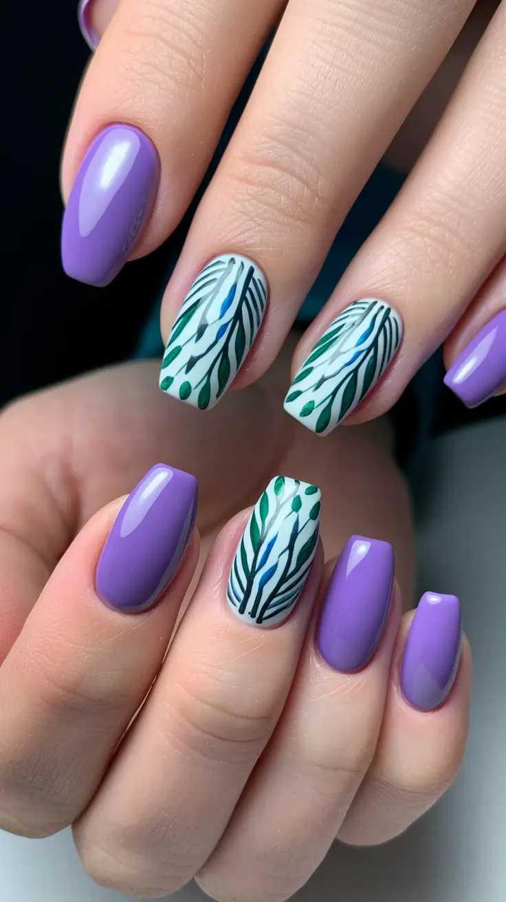 august nails designs acrylic Amethyst Gloss with Green Leaf Accents