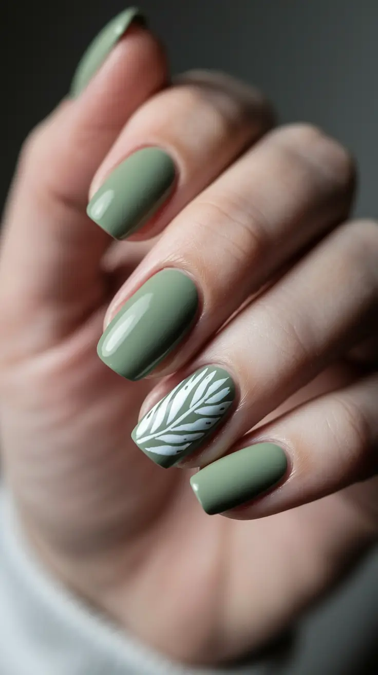 august nails designs simple Soft Olive Base with Delicate White Fronds