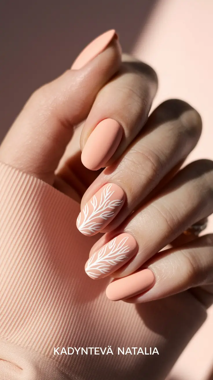 august nails designs almond Peachy Matte with Delicate White Botanicals