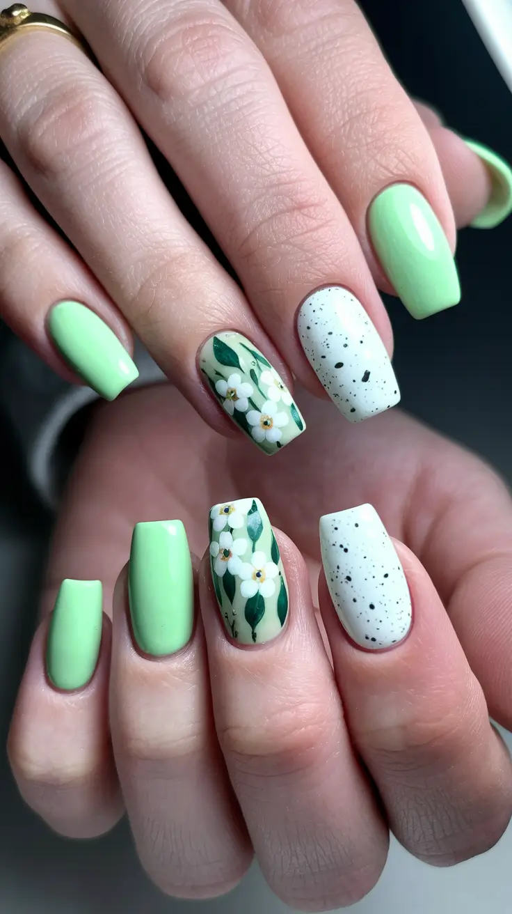august nails designs short square Mint Garden Party with Daisies and Speckles