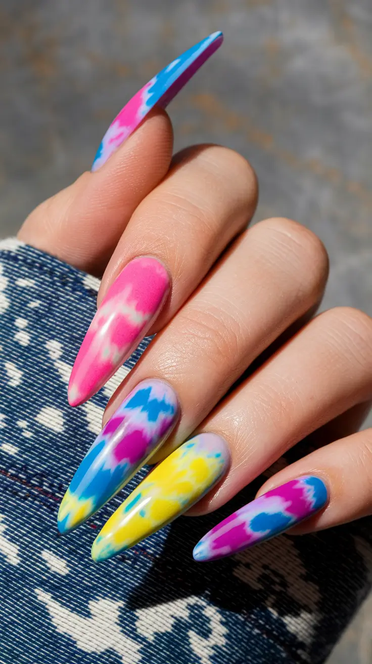 august nails designs stiletto Electric Tie-Dye Stiletto for Bold Summer Evenings