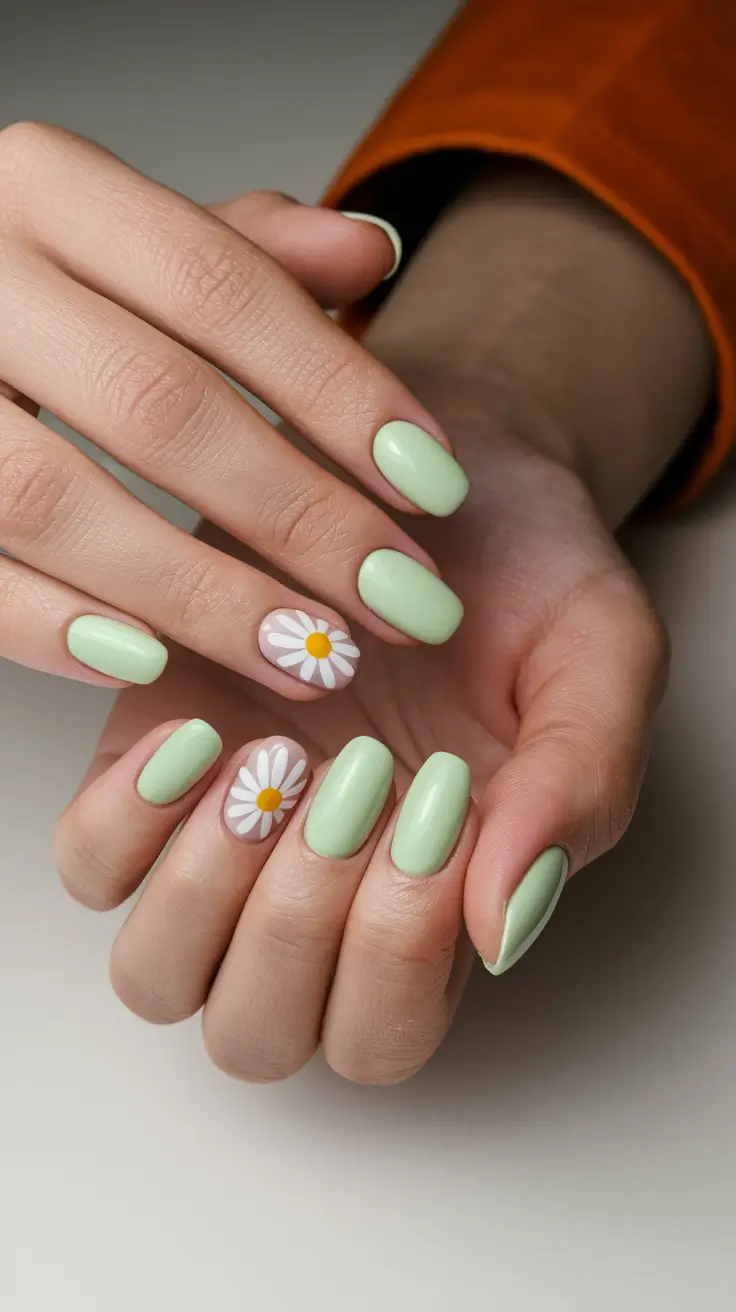 august nails designs short Pastel Green with Fresh Daisy Accents