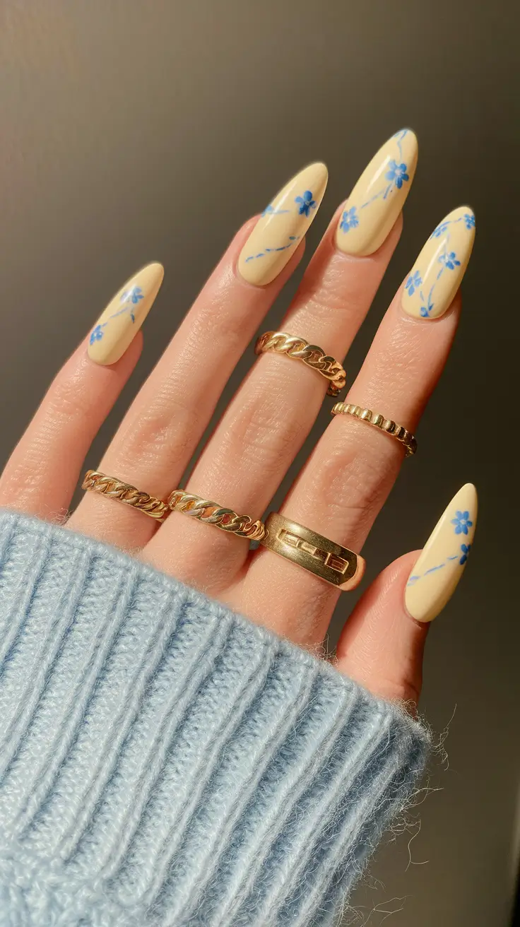 august nails designs almond Pastel Yellow Almonds with Blue Floral Traces