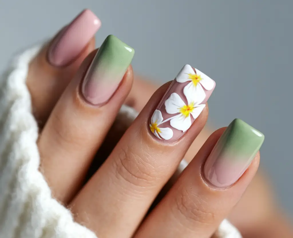 august nails designs acrylic Soft Ombré Garden with White Floral Accent