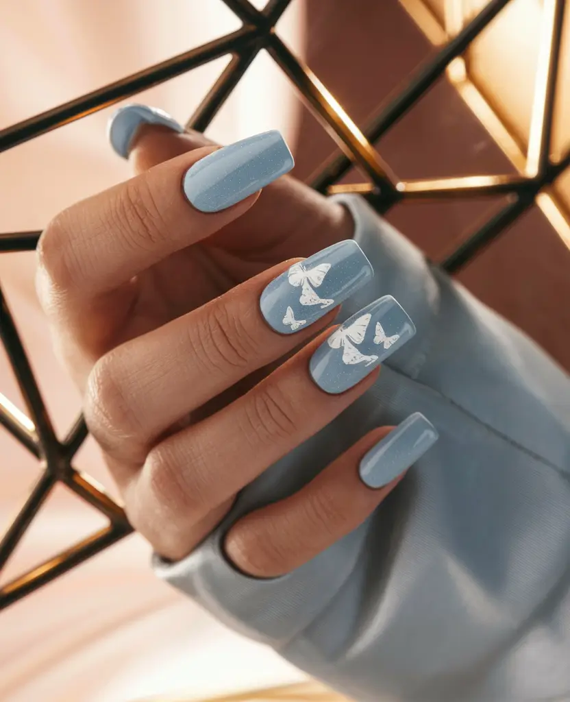 august nails designs acrylic Powder Blue Butterflies on Glossy Acrylic