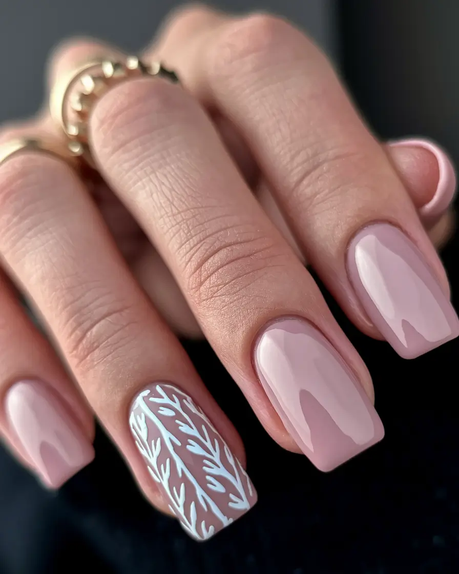 august nails designs short square Soft Pink Square with White Botanical Accent