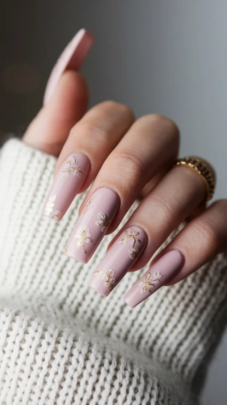 august nails designs acrylic Glossy Pink Acrylic Coffin with Gold Floral Accents