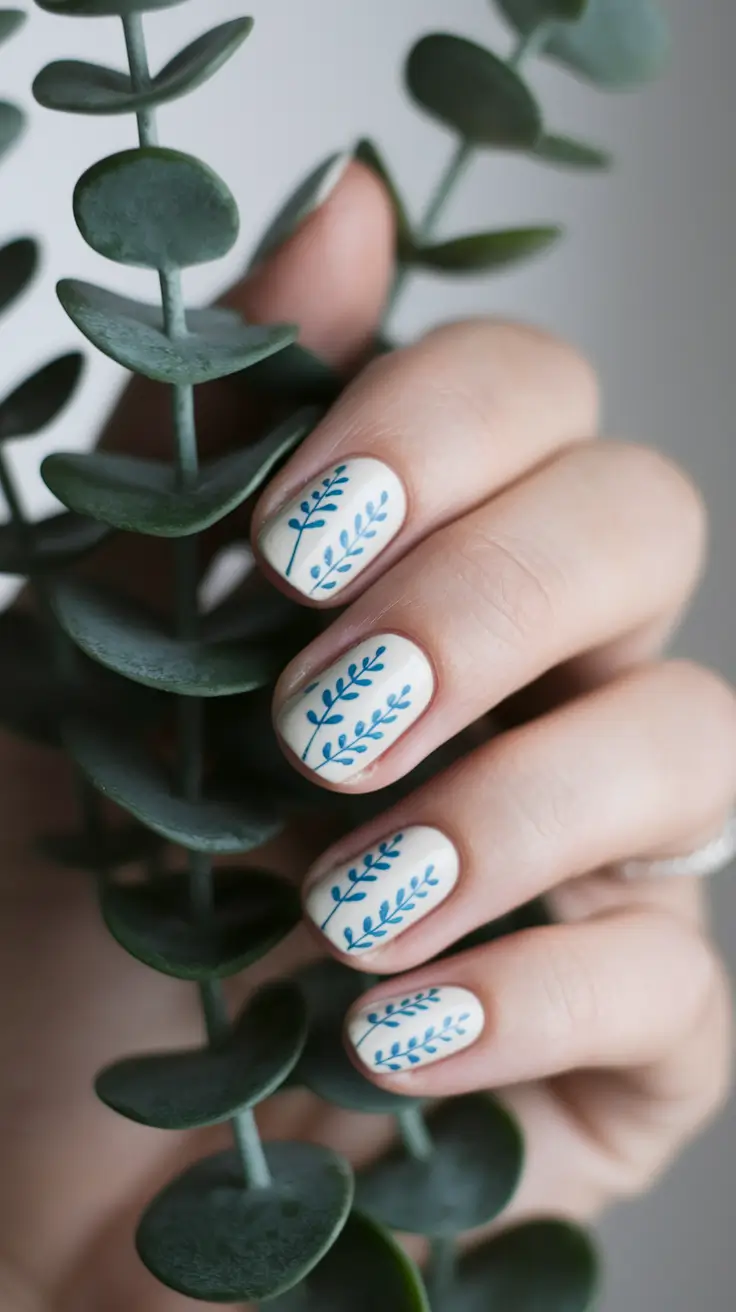 august nails designs short square Elegant Blue Leaf Accents on Soft White