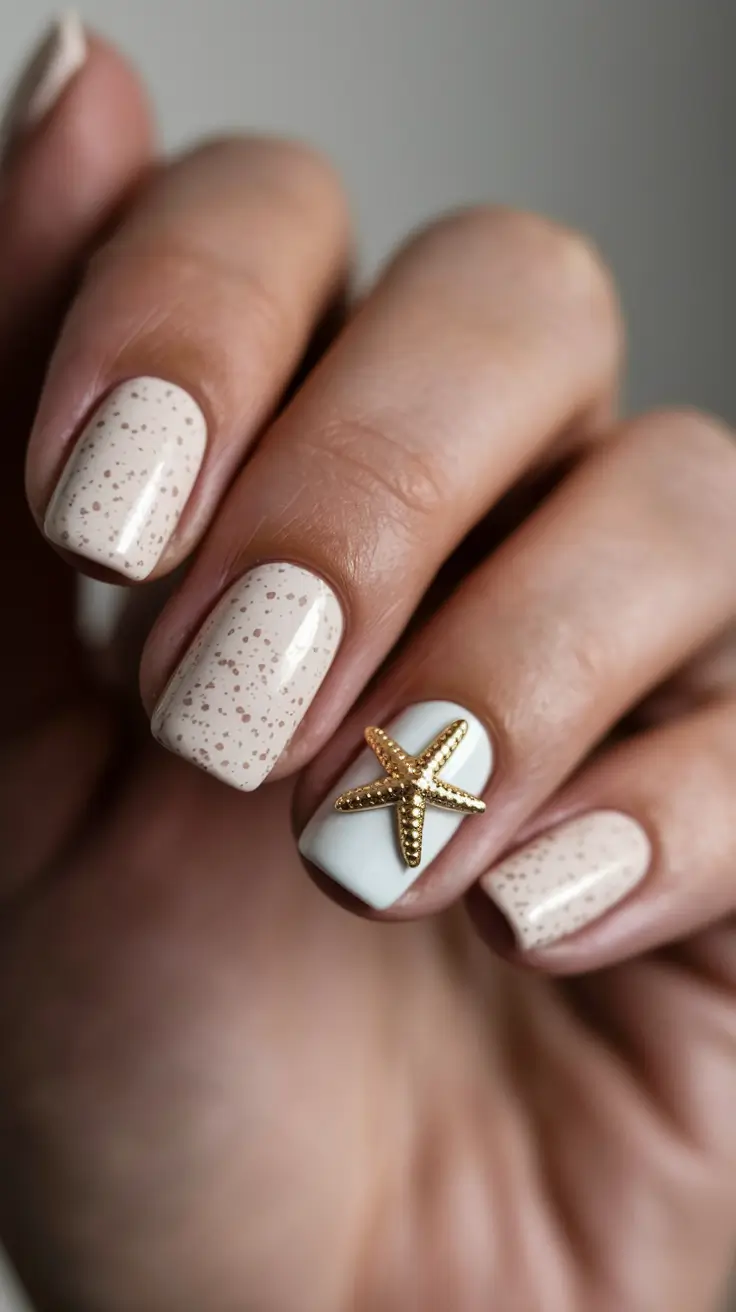 august nails designs acrylic Beachy Speckled Nude with 3D Starfish